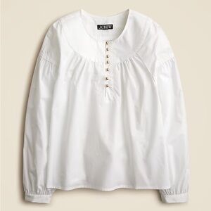 NEW NWOT J. Crew White Shirred Popover Top in Cotton Poplin Gold Buttons Size S